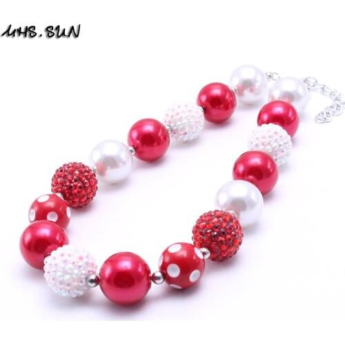 MHS.SUN New Red/White Beads Necklace For Child/Kids/Girls Bubblegum Chunky Necklace Handmade Party Chunky Jewelry 2Pcs/lot