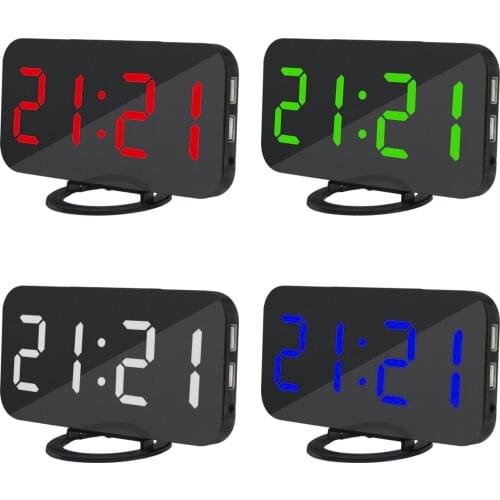 LED Alarm Clock Mirror Digital Clock Dimmable Night Mode Bedside Clock 2 USB Output Ports Table Clock Electronic effective