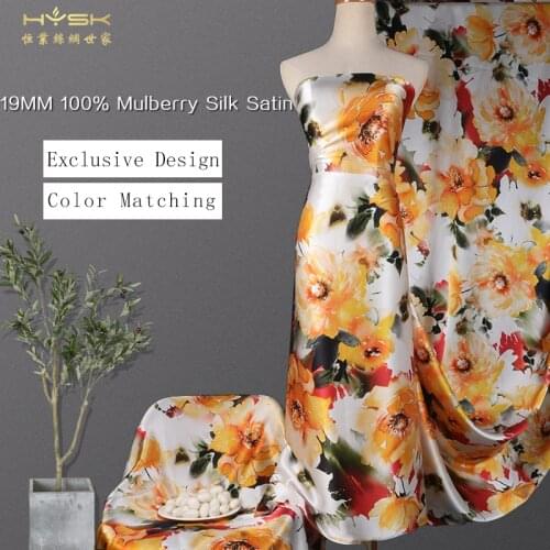 HYSK 100%real silk crepe satin fabric 19mm heavy tulle natural meterial summer paint floral print by meter for dress/scarf E2533