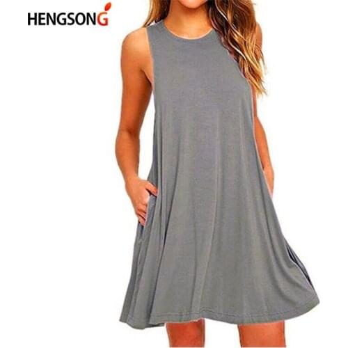 Women Casual Loose Long T-shirt New Fashion Long Tops Tees O-Neck Summer Sleeveless T Shirt Women Vestidos With Pockets