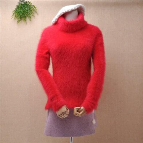 Pull female women Korean style christmas red angora rabbit fur long sleeve turtleneck slim pullover mink cashmere blouses winter