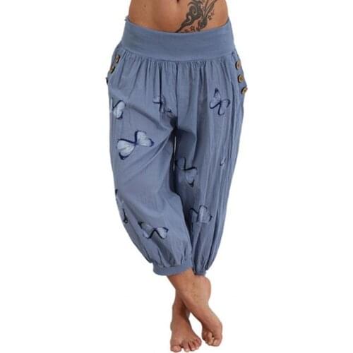 Womens Capri Pants Fashion Butterfly Printed Harem Summer Buttons Pant for Streetwear Hip-hop Retro Loose Trousers Plus Size