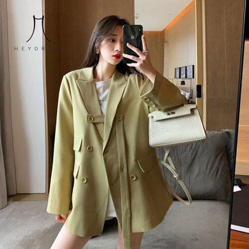 Heydress Women Spring Double Breasted Blazers Jackets Vintage Green Female Loose Blazers Casual Street Office Lady Belt Outwears