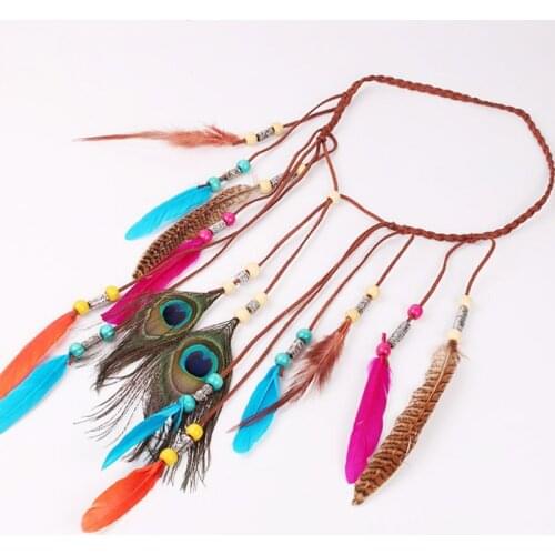 Bohemian style Indian Feather Headband Headdress Hair Rope Headwear Tribal Hippie Handmade Hair Accessories for Women 03