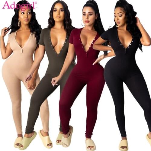 Adogirl Women Solid Ribbed Jumpsuit Grommet Sexy Deep V Neck Short Sleeve Slim Fitted Romper Fashion Casual Autumn Overalls