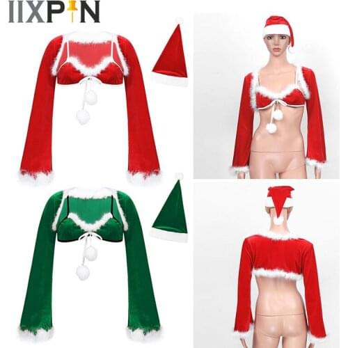 Womens Christmas Sexy Lingerie Set Santa Costume Flannel Long Sleeve Shawl White Feather Trim Bra With Christmas Hat Exotic Set