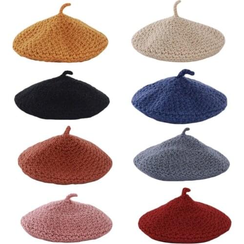 Women Winter British Style Flat Knitted Beret Cap Solid Color Handmade Chunky Crochet Vintage Travel Painter Beanie Hat