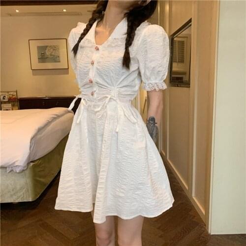 White Dress Women Summer Puff Sleeve Lace Up Sweet Style Bandage Short Dresses Chic Female Clothing Korean Fashion New 2021