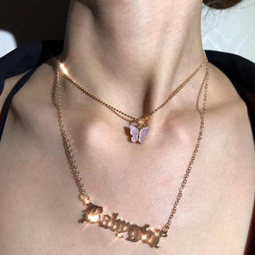 JUST FEEL Trendy New Butterfly Pendant Necklace For Women Gold Silver Color Letter Angel Exquisite Multi-layer Necklace Jewelry
