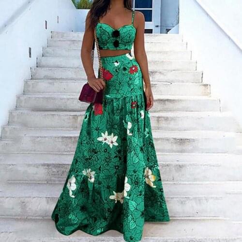 Women Summer Floral Print Two-Piece Maxi Dress Two Pieces Set Women Sling Dress Two-Piece Set for Photography drop shipping