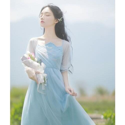 Mesh Embroidery Summer Blue Sweet Fairy Dresses Irregular Square Neck Elegant Robe Femme Party Club Dress Vestido