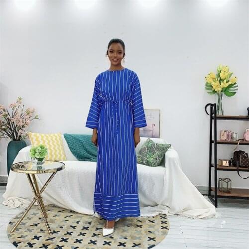 2020 New Autumn Long Sleeve Dresses Strip Printed Loose Maxi Dress Femme Belted Casual Muslim Turkey Dubai Arabic Clothing S-2XL