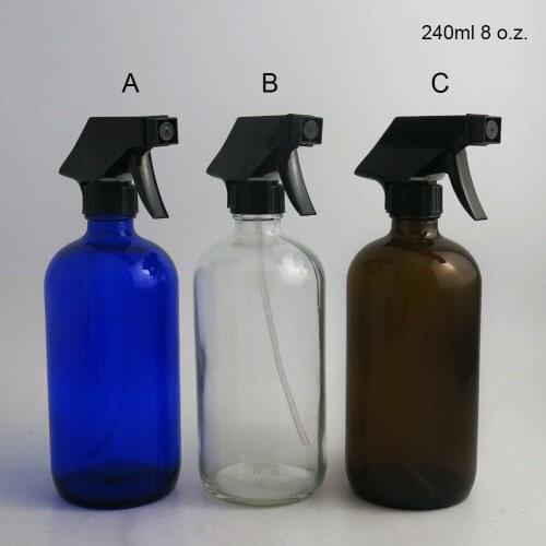 2 X 8 Oz Large Refillable 240ml Amber blue Clear Glass Spray Bottle Container trigger sprayer cap for essential oil cleaning
