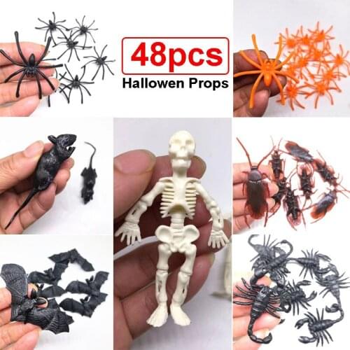 48pcs Halloween Horror Simulation Skull Skeleton Spider Fake Bat Mouse Cockroach Tricky Props for Halloween Party Decorations