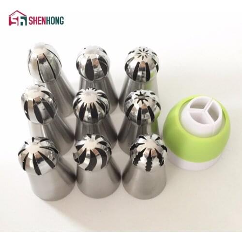 9PC + 1 Converter Russian Ball Stainless Steel Icing Piping Nozzle Pastry Tips Cupcake Baking Sphere Shape Cream add 1 Coupler