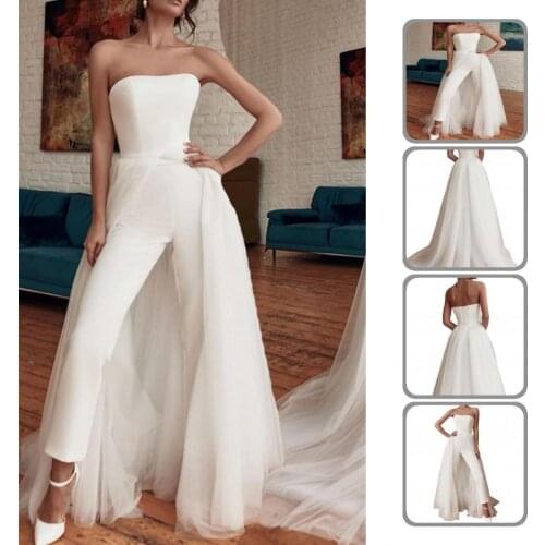 Accessory Stylish White Tulle Strapless Backless Jumpsuit Elegant Women Jumpsuit Solid Color for Banquet