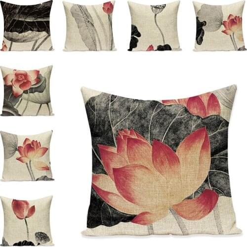 Floral Cushion Cover Print Linen Decorative Pillow Case Lotus Sofa Throw Pillowcase Car Seat Accessories Home Decor Gift 45x45cm