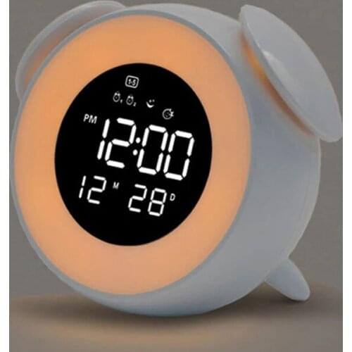 Bedside Sunrise Sunset Wake Up Light Digital LED Music Alarm Mirror Clock Bedroom Desk Calendar Snooze Clock Table Phone Charger