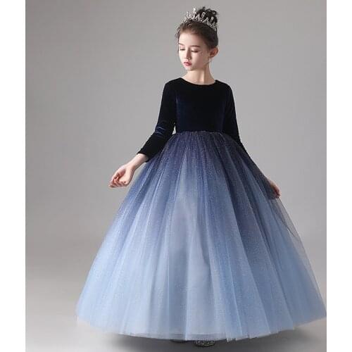 Sweet Kids Navy Blue Birthday Party Flower Girls Dresses with Sleeves Children Long Bridesmaid Evening Princess Ball Gown Frocks
