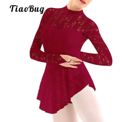 Women Girls Turtle Neck Lace Figure Ice Skating Roller Skating Ballet Dance Leotard Dress Long Sleeve Ballet Dance Dress