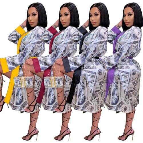 Dollar moeny printed sleep robe lace up with waistband