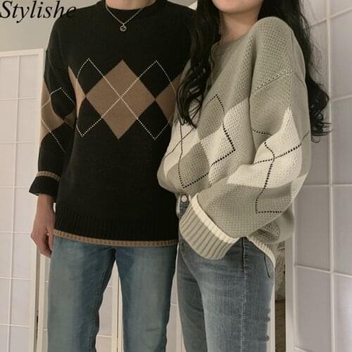 Women Argyle Sweater Oversized Pullovers Autumn Winter Black Loose Knitted Sweaters Couple Vintage Long Sleeve O Neck Jumper