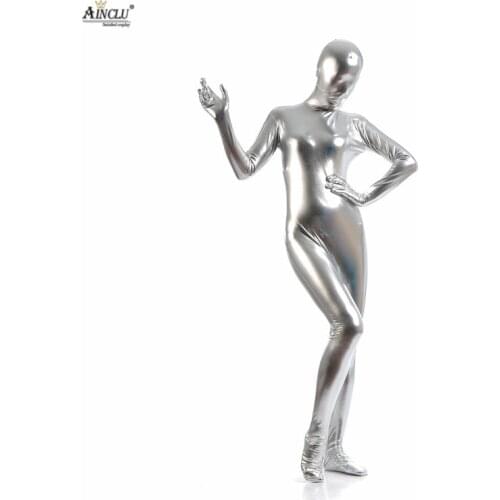 Ainclu Hot Selling Fullbody Silver Glue Metallic Zentai for Hallween Shiny Spandex Long Sleeve Female Sexy Bodysuits