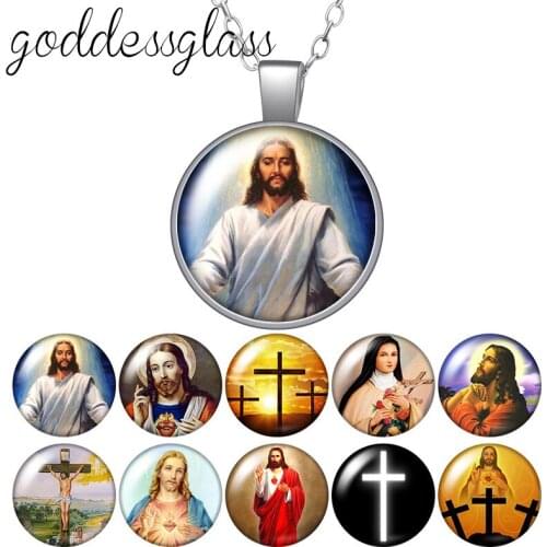 Religion Christian Jesus Cross Blessed Faith Round Glass glass cabochon silver plated/Crystal pendant necklace jewelry for Gift