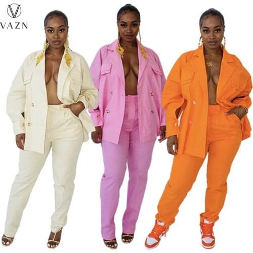 VAZN 2021 Autumn High-end Fresh Sweet Solid Sexy Chiffon Overalls Full Sleeve Suits Top Long Pencil Pants Slim Women 2 Piece Set