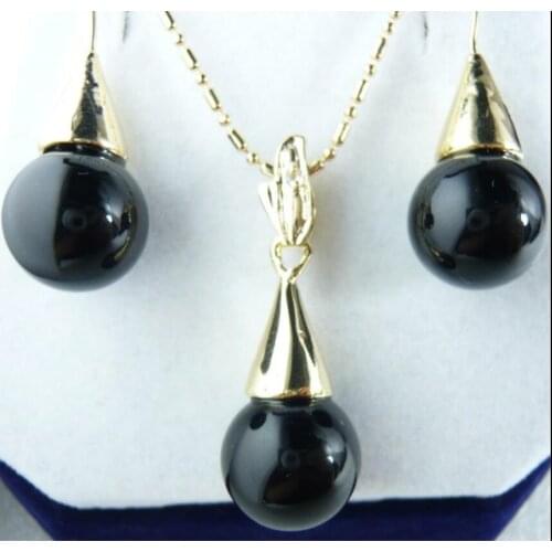 Black Agate Pendant Necklace Earrings 18K Gold Plated Jewelry Set Gift
