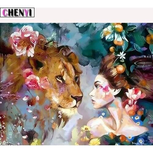 CHENYI Full Square 5D Diy Diamond Painting Lion and Beauty Diamond Embroidery Cross Stitch 3D Mosaic Needlework Art Home Decor