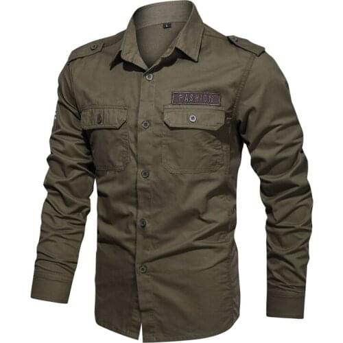 Fad New Spring Military Mens Shirt 100% Cotton Long Sleeve Shirts for Men Epaulets Army Shirts Men Top Quality Men Clothing