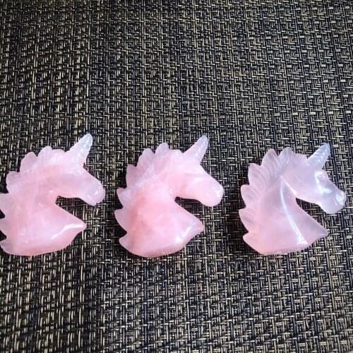 Natural Rose Pink Quartz Crystal Unicorn Carving Horse head Skulls Figurin