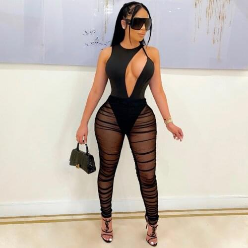 2021 New Arrival Fashion Design Mesh Jumpsuits Solid Hollow Out Strapless Summer Sexy Club Bodycon Rompers