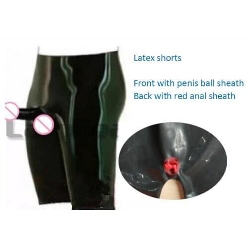New Black Latex Long Leg Boxer Shorts With Penis Sheath Anal Condom Rubber Briefs Underwear Bottoms Pants