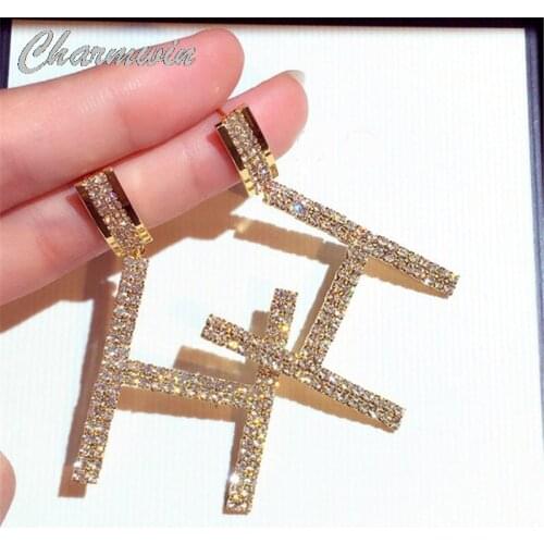 New Long Earrings For Women Dangle Earrings Fashion Jewelry Gold Color & Silver Color Rhinestone Letter Drop Earrings