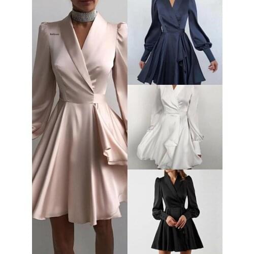 Silky A-Line Satin Dress Red Women Evening Short Party Dress Ladies Chic V-Neck Lantern Sleeve Flared Pleated Dress