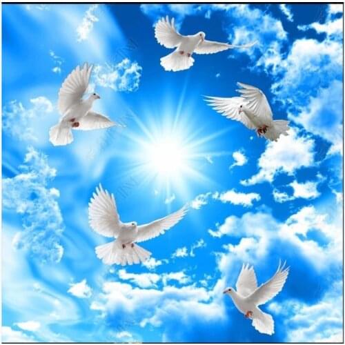 Custom ceiling wallpaper for walls 3 d mural Beautiful Modern Dreamy blue sky, white clouds, sunshine, white dove ceiling mural