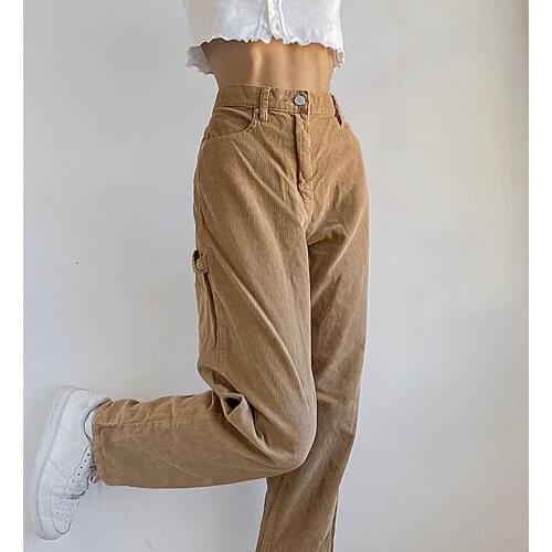 Casual Women High Waist Button Solid Color Long Loose Corduroy Pants Fashion Trousers