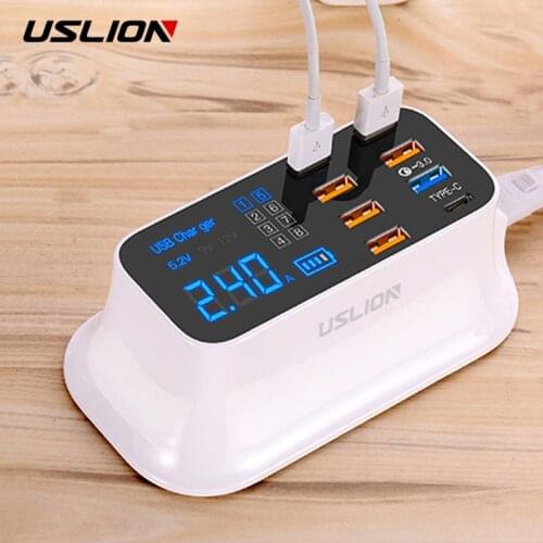 USLION Quick Charge 3.0 USB Charger Station With Led Display For iPhone Samsung Xiaomi Adapter 8 Ports EU Plug Fast USB Charger