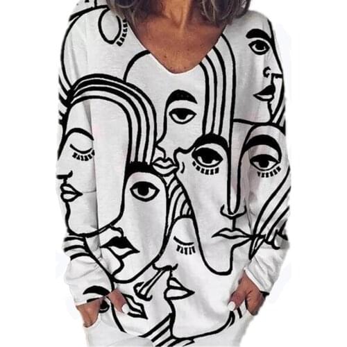 Women Vintage Abstract Face Print V Neck T-Shirt Autumn Long Sleeve Loose Tops Pullover Casual Streetwear Female Clothing