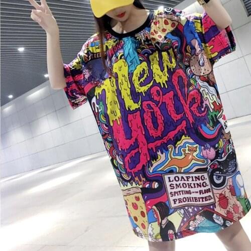 Cartoon Slogan Women Long T Shirts Summer 2020 NEW YORK Printed Letter Loose Hole Mesh Ventilation 80s Hipster Cute Graphic Tees