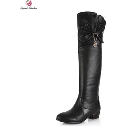 Original Intention High-quality Women Over the Knee Boots Round Toe Square Heels Boots Fashion Black Shoes Woman US Size 3.5-13