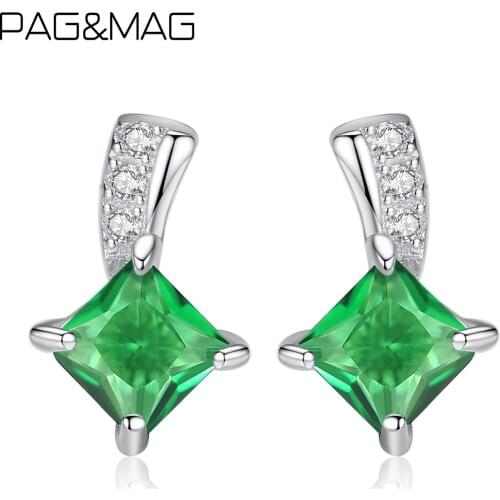 PAG&MAG Created Nano Russian Emerald Stud Earrings Real Sterling Silver 925 Earrings For Women joyas de plata 925 SE0046