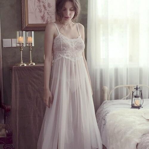 Long Night Dress Ladies Elegant Gowns Lace Nightwear See Through Lingerie Sexy Hot Erotic Nightgown Womens v-neck Sleepwear