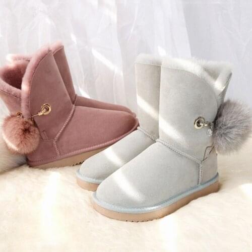 Winter Boots Womens Genuine Sheepskin Boots Suede Leather Fox Ball Mid-Calf G Wool Snow Boots Fur Flat Warm Womens Sheep Shoes