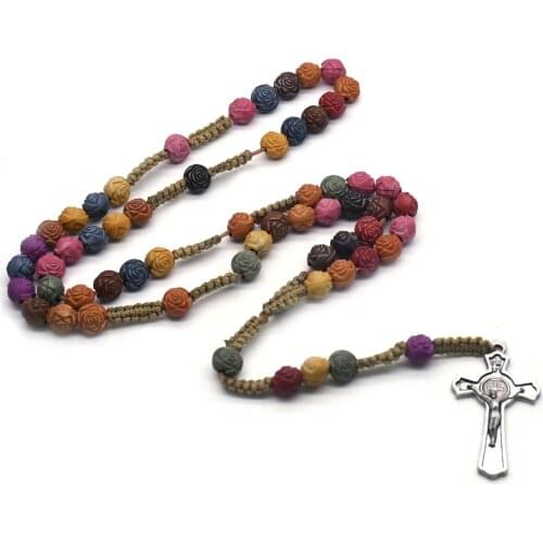 Colorful Rose Beads Cross Rosary Necklace Christ Jesus Religion Handmade Christian Prayer Beads