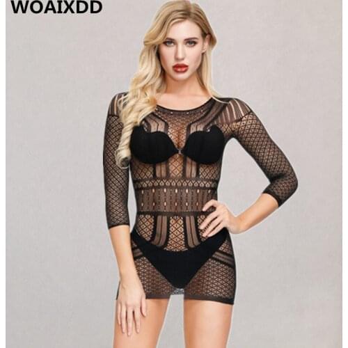 Erotic Perspective High Elasticity Mini Dress Sexy Lace Hollow Long Sleeves Pajamas Porno Intimates Chemise Adult Female Pajamas