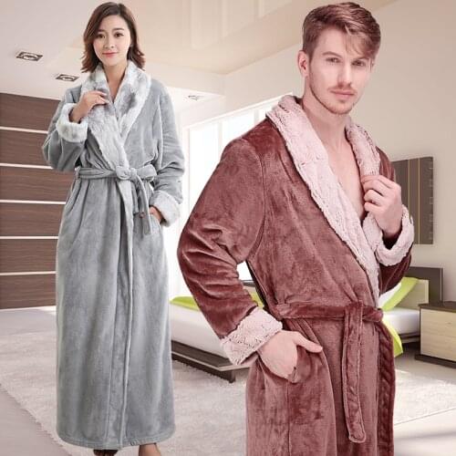 New Men Women Winter Extra Long Thick Warm Flannel Bathrobe Mens Thermal Luxury Fur Bath Robe Soft Silk Dressing Gown Male Robes