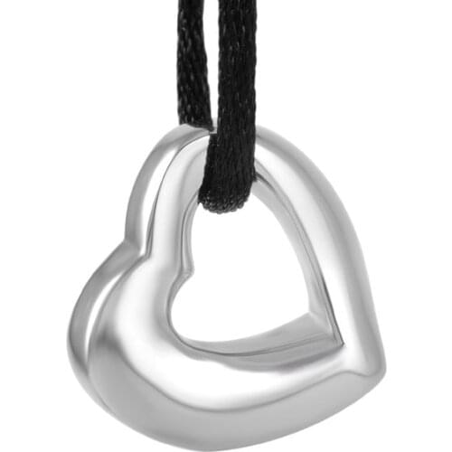 IJD8952 Hot Selling Simple Design Silver and Black Stainless Steel Hollow Heart Cremation Pendant Necklace with Free Cotton Rope